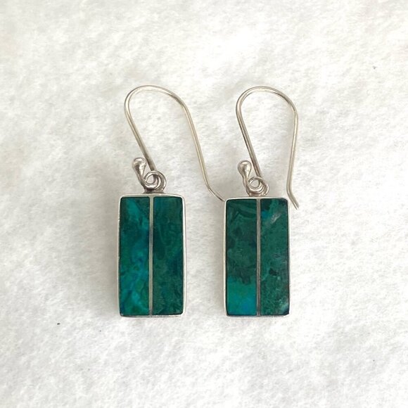 Sterling Silver 925 Southwest Rectangular Chrysocolla Inlay Dangle Earrings - Picture 1 of 16